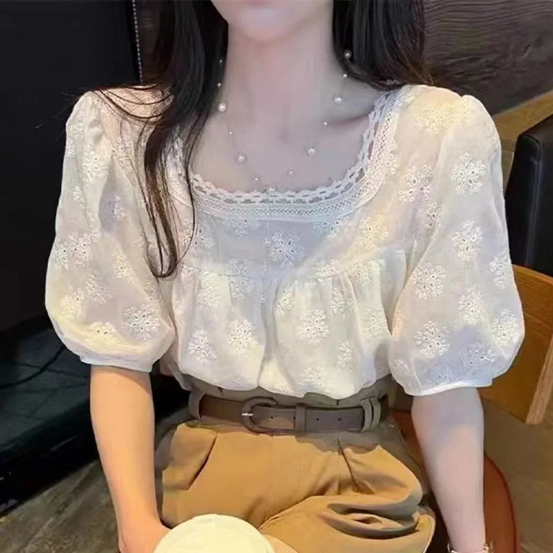 Blouse  Short Sleeve Elegant Square Collar Tops