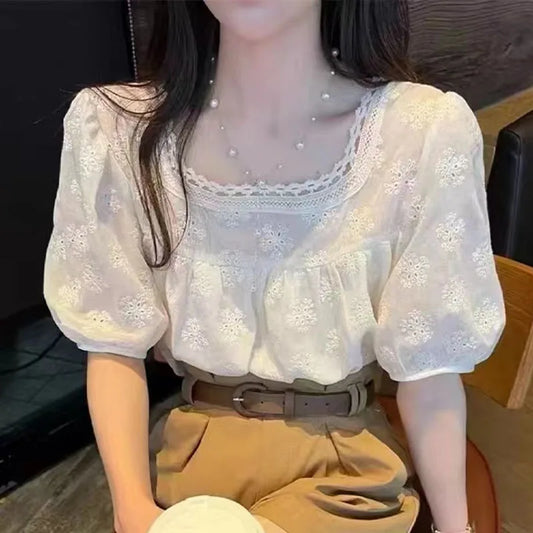 Blouse  Short Sleeve Elegant Square Collar Tops