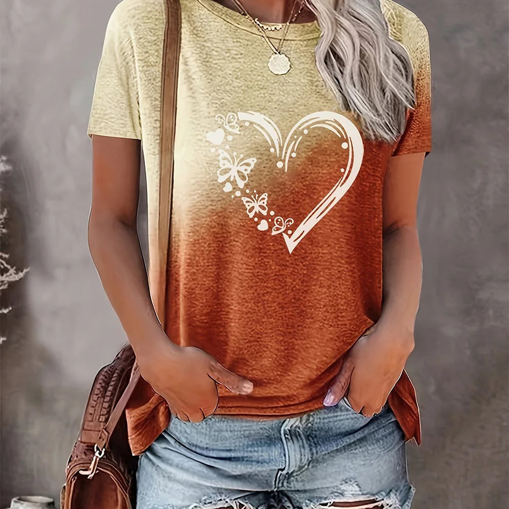 Flower Print Loose Round Neck  Short Sleeve