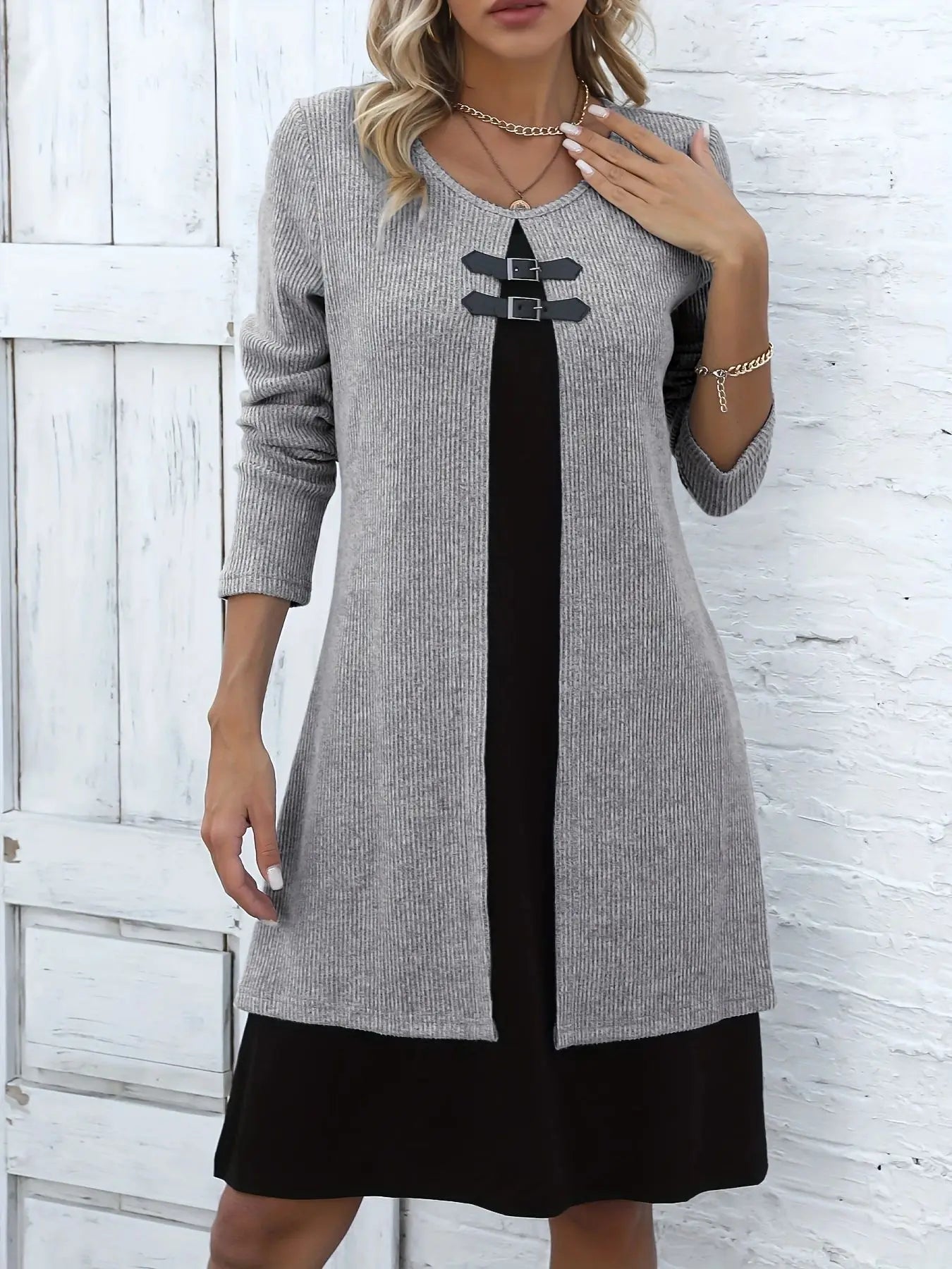 Solid Long Sleeved Round Neck Knitted  Dress