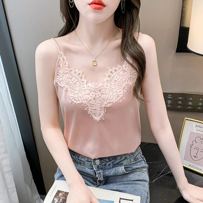 Silk Lace Sleeveless White Female Tank Top