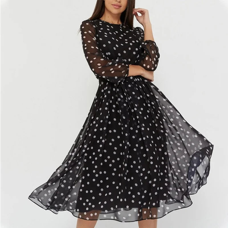Long Sleeve O-neck Polka Dot Evening Dress