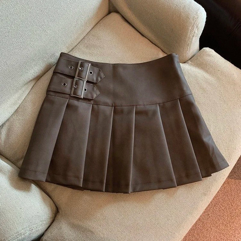 Leather Mini  High Waist Pleated Skirt