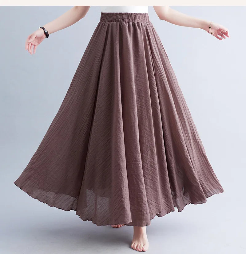 Cotton Linen Dress Elastic Waist Long Skirts