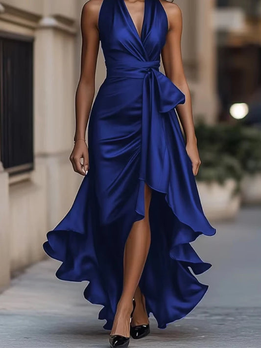 Elegant Women's Deep V-neck Halter Ruffled Gowns