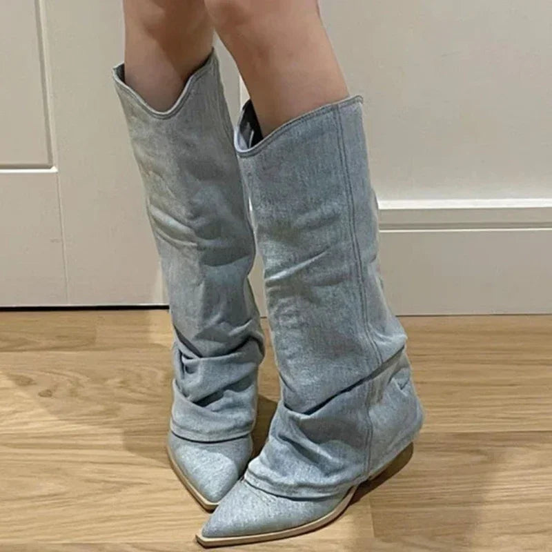 Women Pleats Blue Denim Thigh High Boots