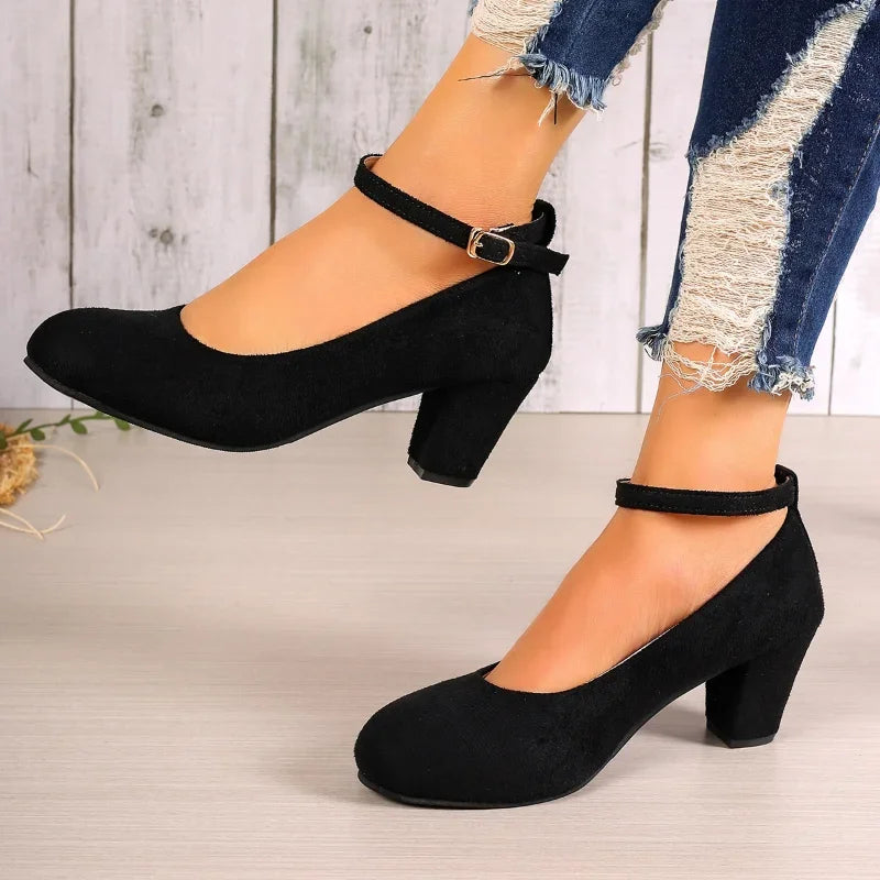 Thick Heels Women's Black  Pumps Suede