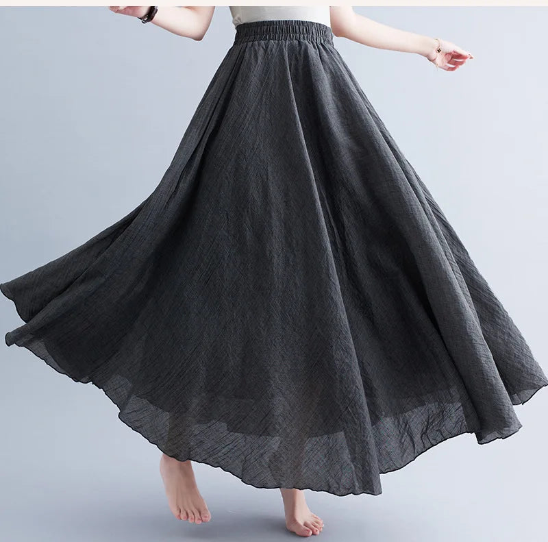 Cotton Linen Dress Elastic Waist Long Skirts