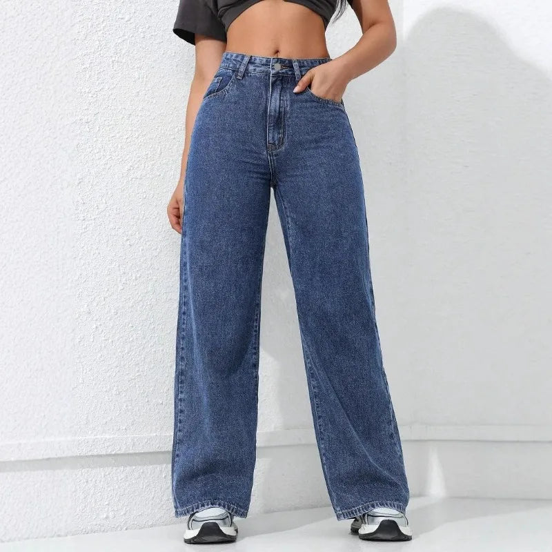 Wide Leg Jeans Pocket High Elastic Waist