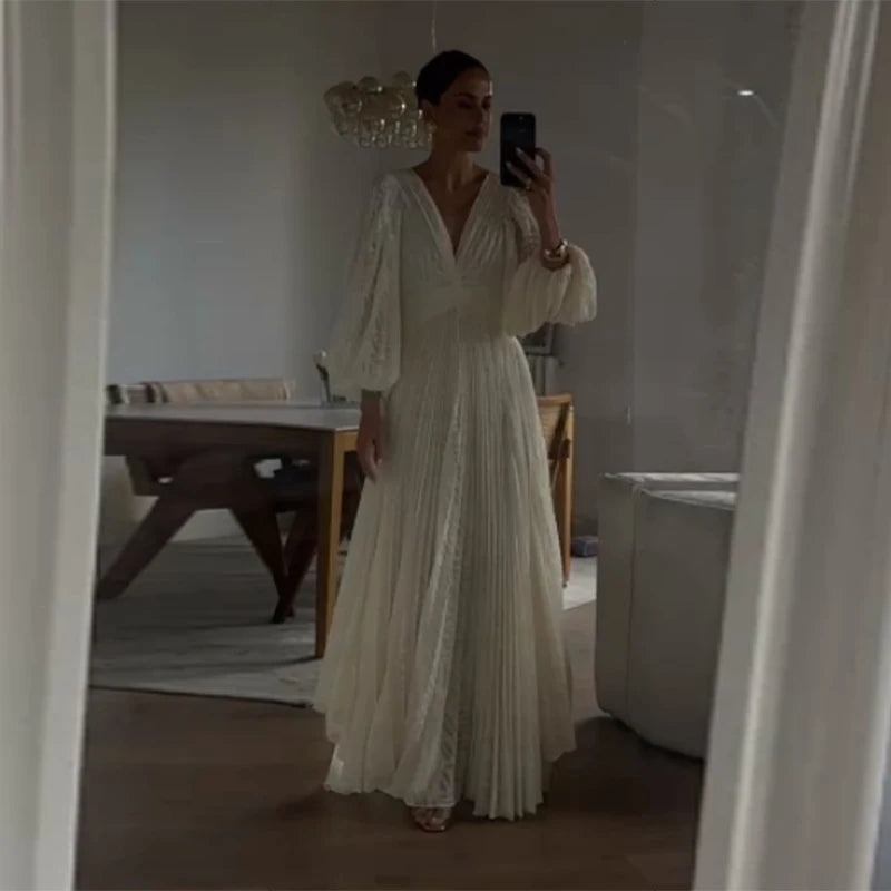 V-neck Backless Bubble Sleeve Holiday  Evening Gowns