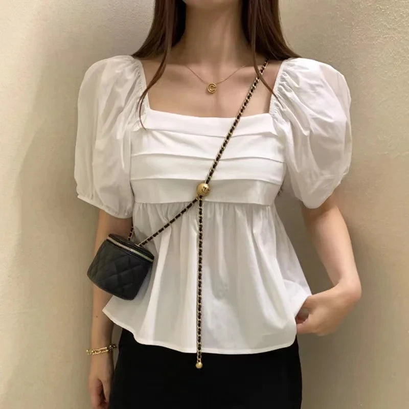 Square Neck White Blouse Puff Short Sleeve