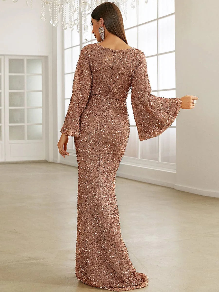 Elegant, Slim V-neck Wrapped Hip Sequin Dress