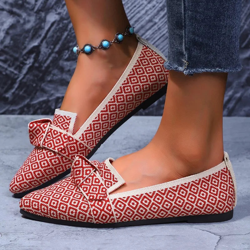 Flat pointed toe low-top bow shoes