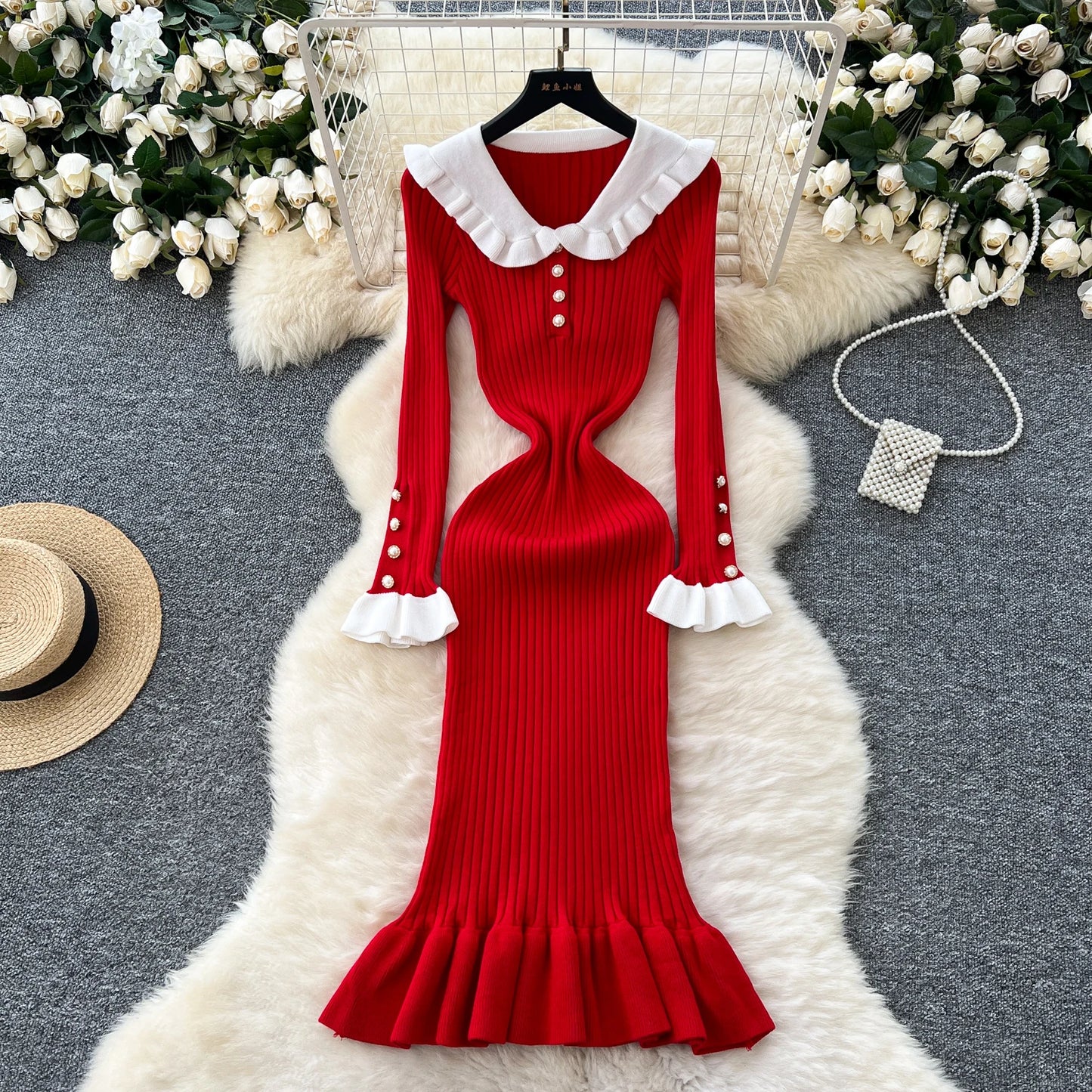 Winter Patchwork Ruffles Knitted Long Dresses