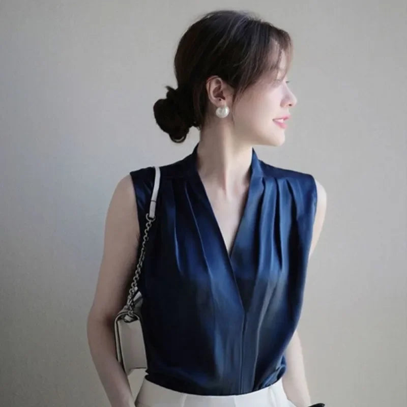 Blouses Sleeveless  V Neck Work White