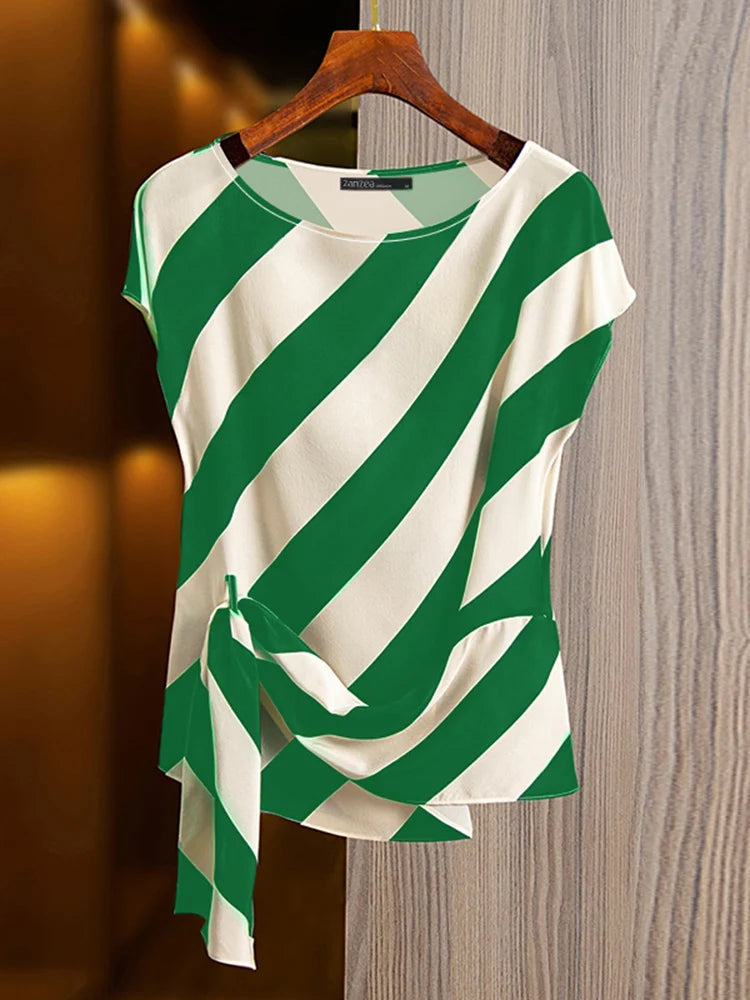 Striped Printed  Short Sleeve Blouse Casual