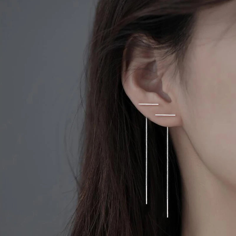 Silver Needle Star Line Tassel Drop Earring