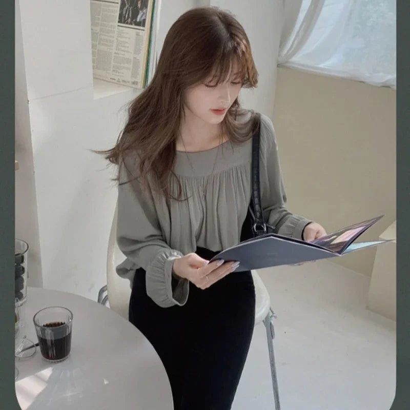 Gray/ Apricot Blouses Long Sleeve