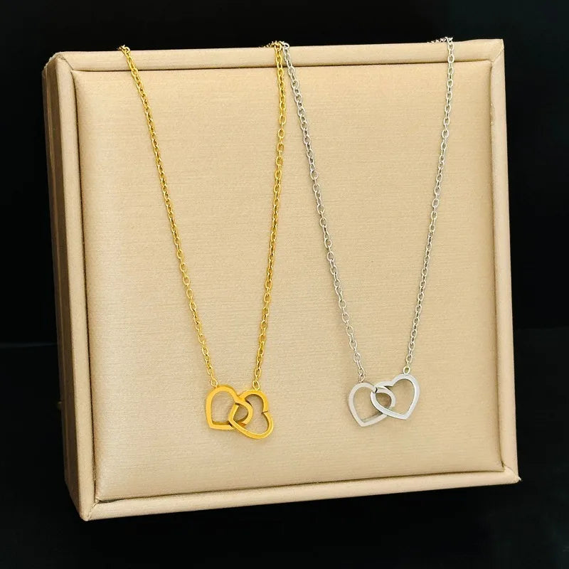 Simple Double Heart Pendant Necklace for Women