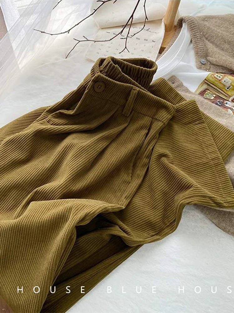 Corduroy Pants Full Length Trousers Coffee Pocket