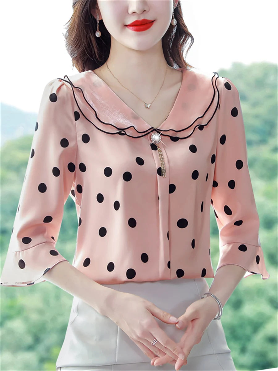 Polka Dots Half Sleeve Ruffles Collar