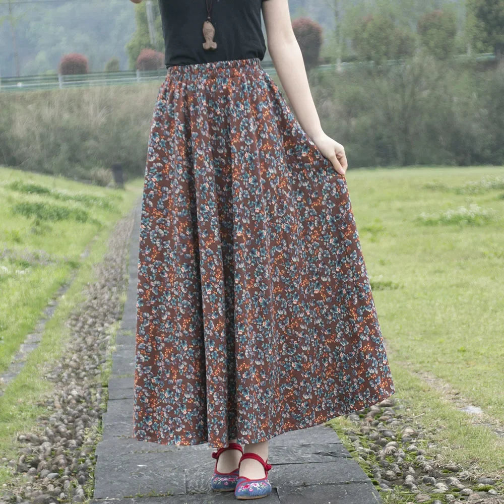 Cotton Linen Print Long Skirt Vintage