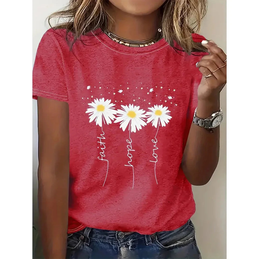 Flower Print Loose Round Neck  Short Sleeve