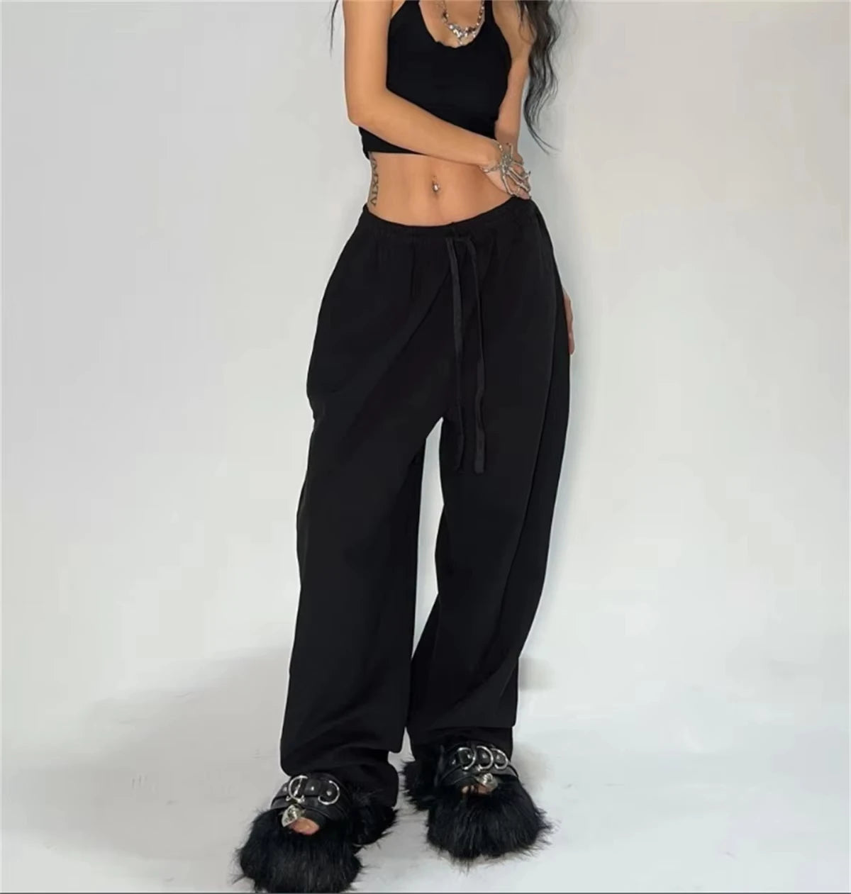 Casual Solid Sweatpants High Waist Lace- Up
