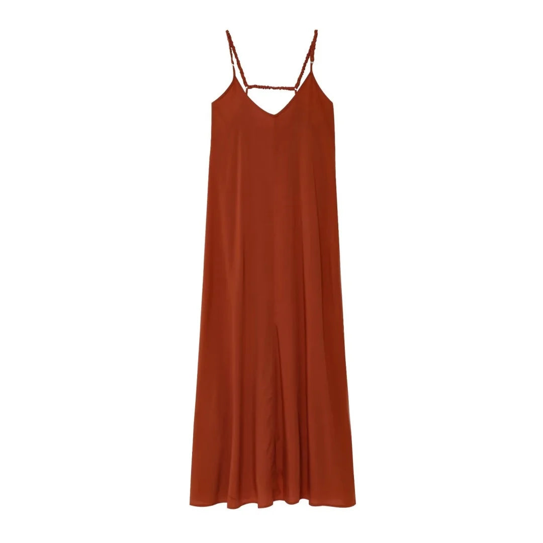 Solid Backless Sling Sleeveless Midi Dresses