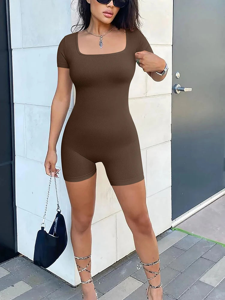 Bodysuits Short Sleeves Square Neck  Jumpsuits Yoga