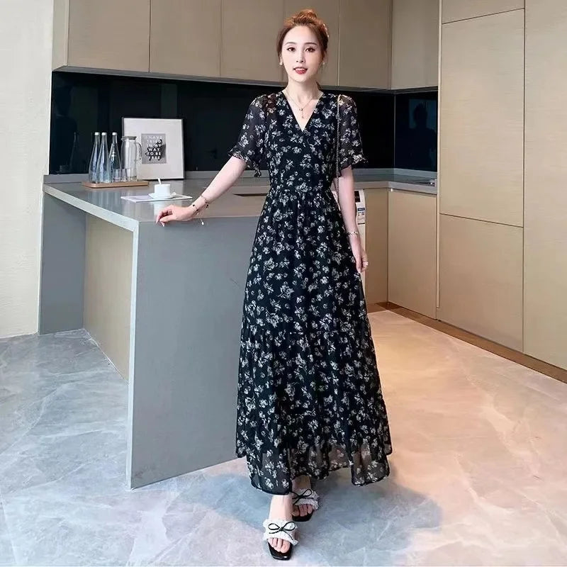 V-Neck Slimming Calf Length Dress