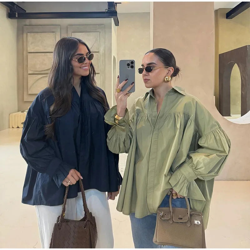 Lantern Sleeve Buttons Turn-Down Collar Pleated Blouse