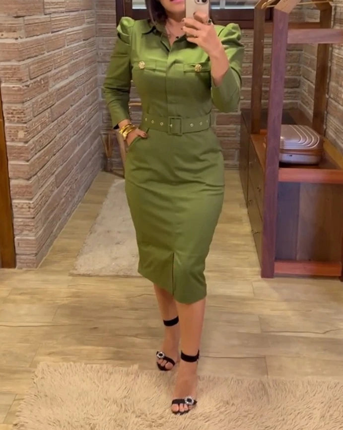 Long Sleeve Button Decor Front Slit Dress