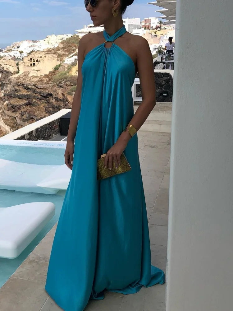 Satin Sexy Evening Dress Solid Blue Sleeveless