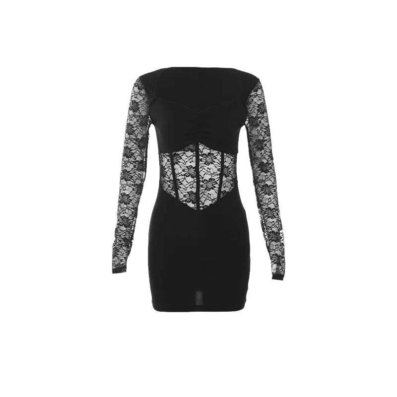 Sexy Lace Stitching Long Sleeve Short Dress