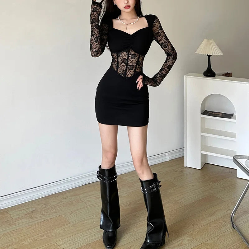 Sexy Lace Stitching Long Sleeve Short Dress