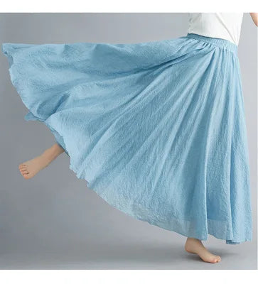 Cotton Linen Dress Elastic Waist Long Skirts