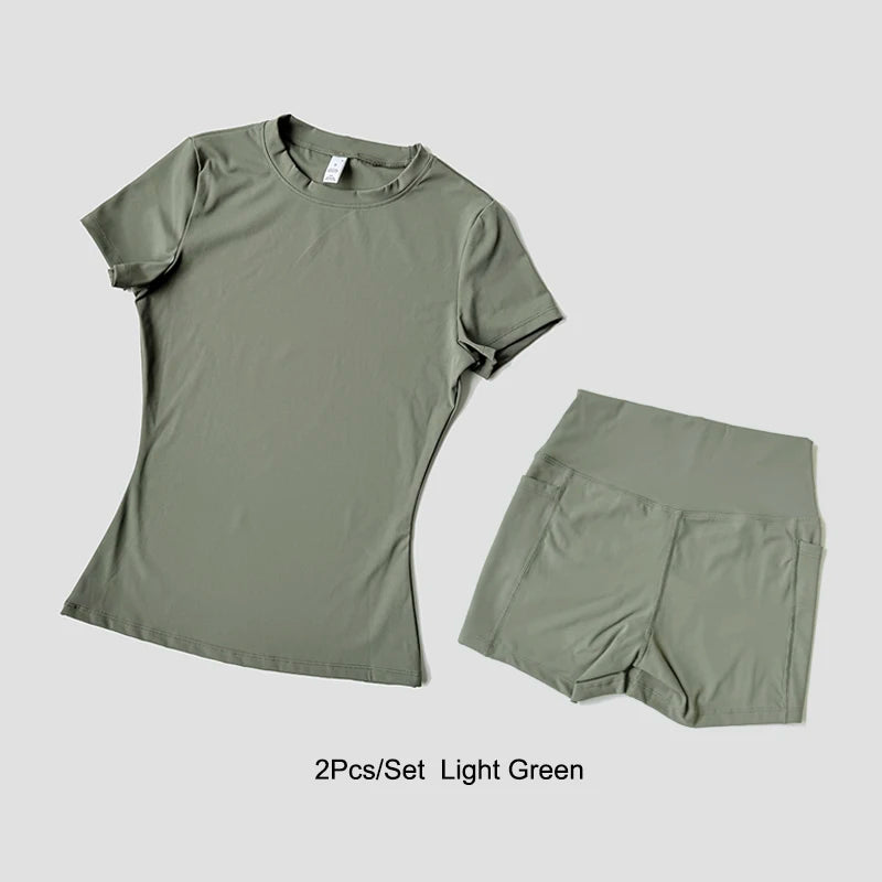 Yoga Set Seamless  Short Sleeve Crop Top