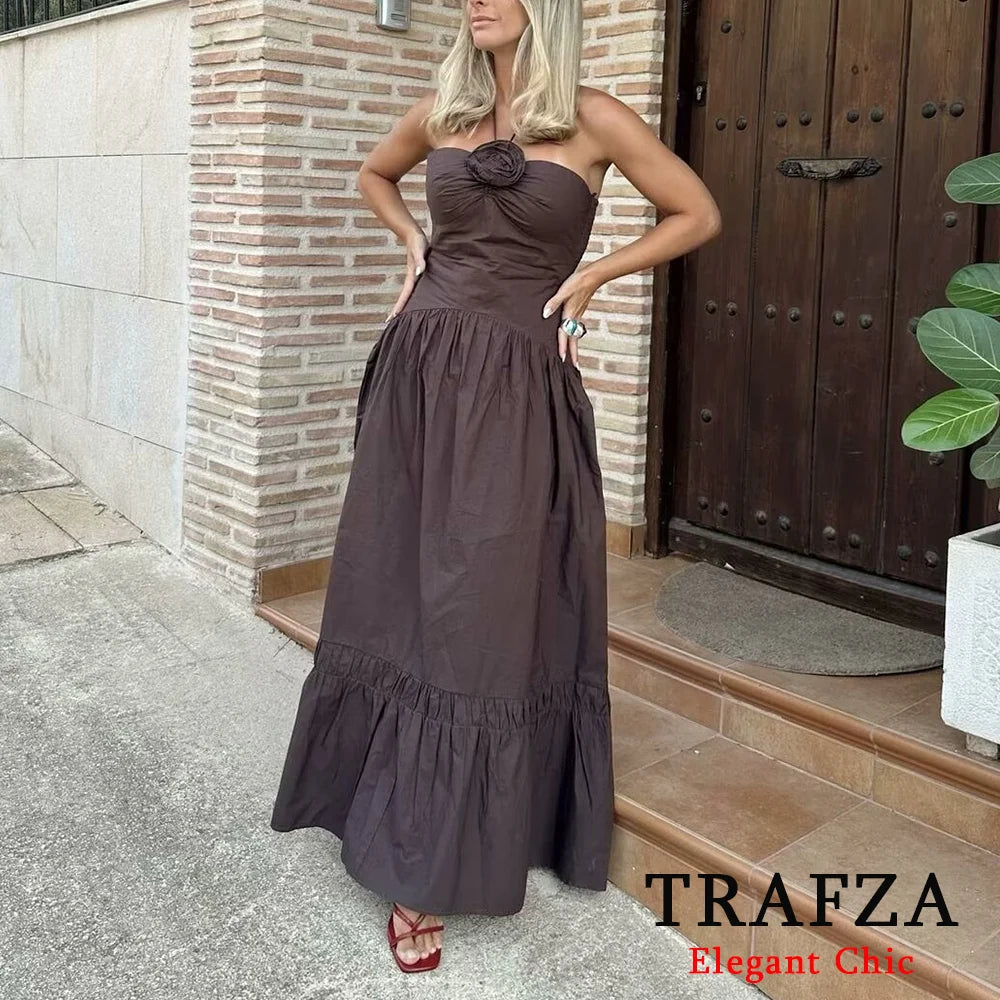 Brown Flower Halter Backless Long Dress