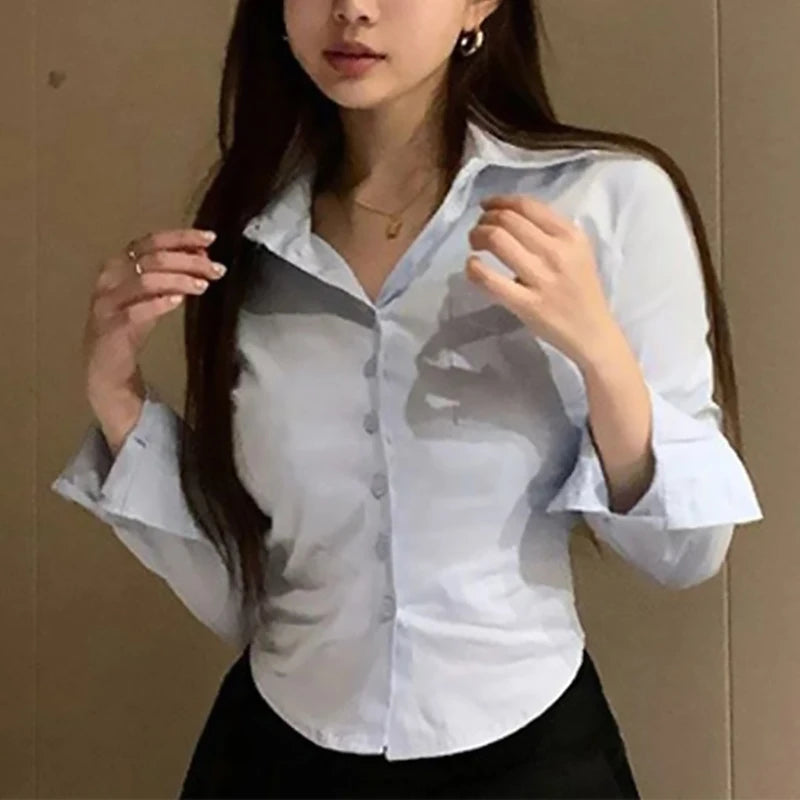 Chiffon Shirt Pocket, Button Lapel Long Sleeve