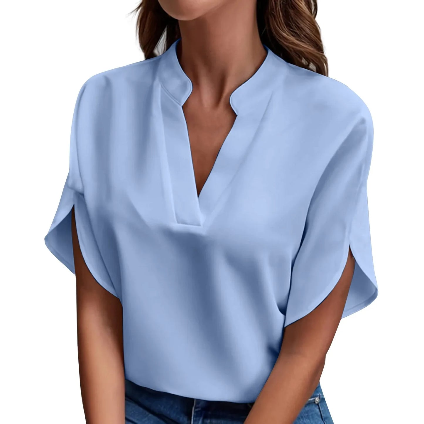 Short Sleeve Solid V Neck Loose Blouses