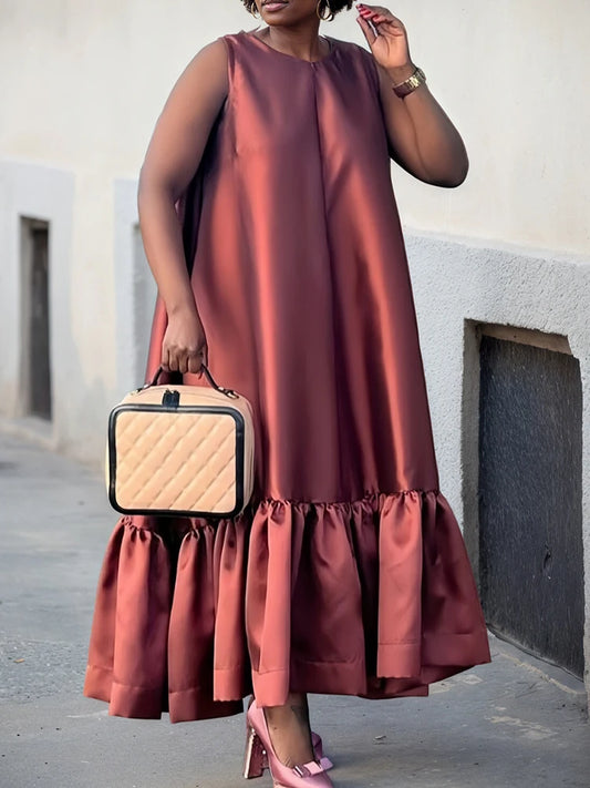 Sleeveless Round Neck Ruffle Hem Satin  Dresses