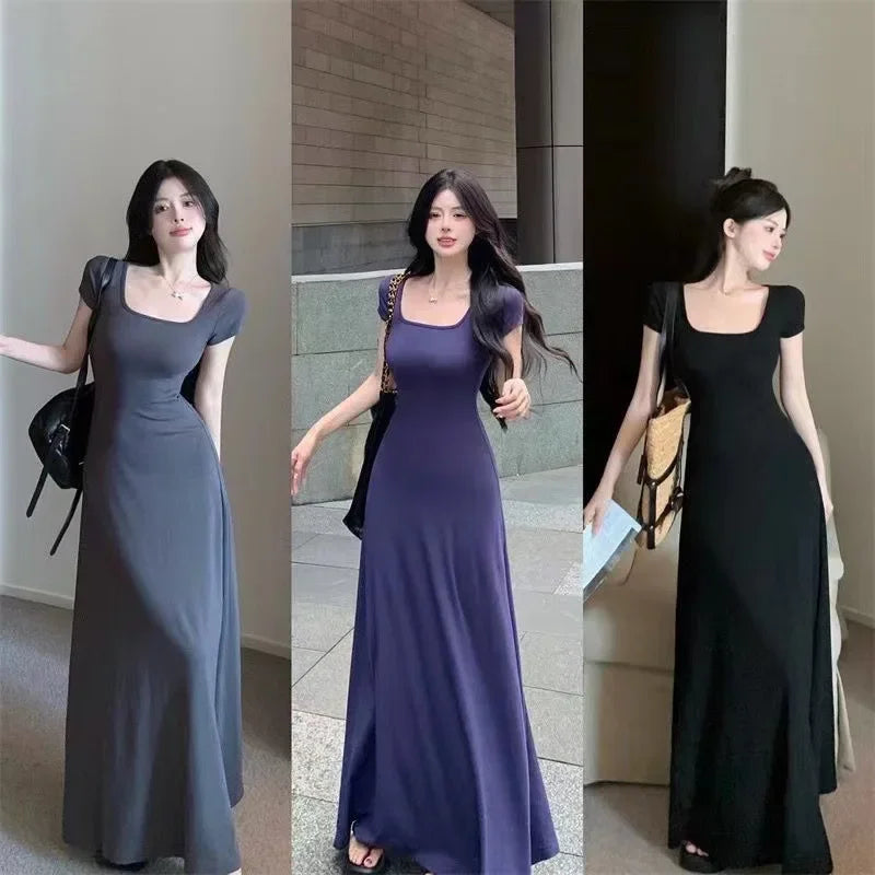 Square Neck Short Sleeves Waist-fitted Long Skirt