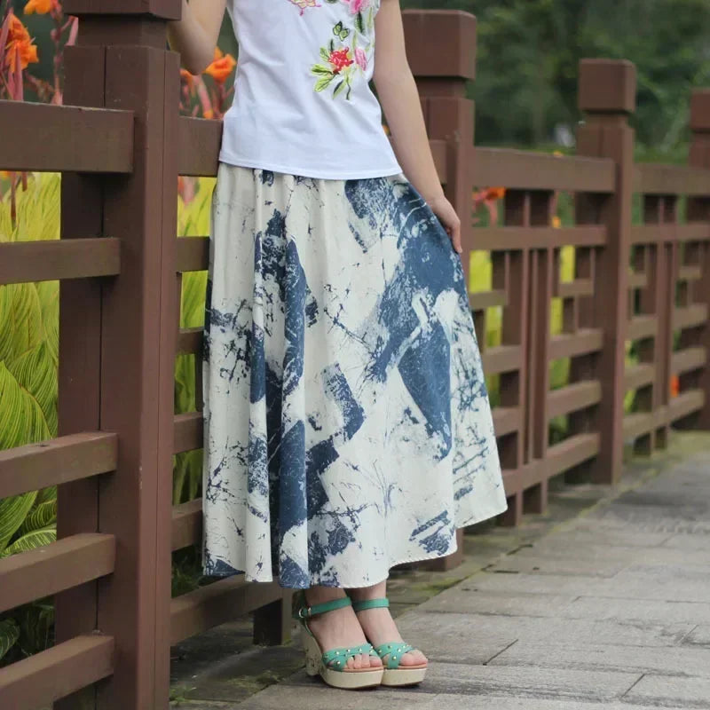 Cotton Linen Print Long Skirt Vintage