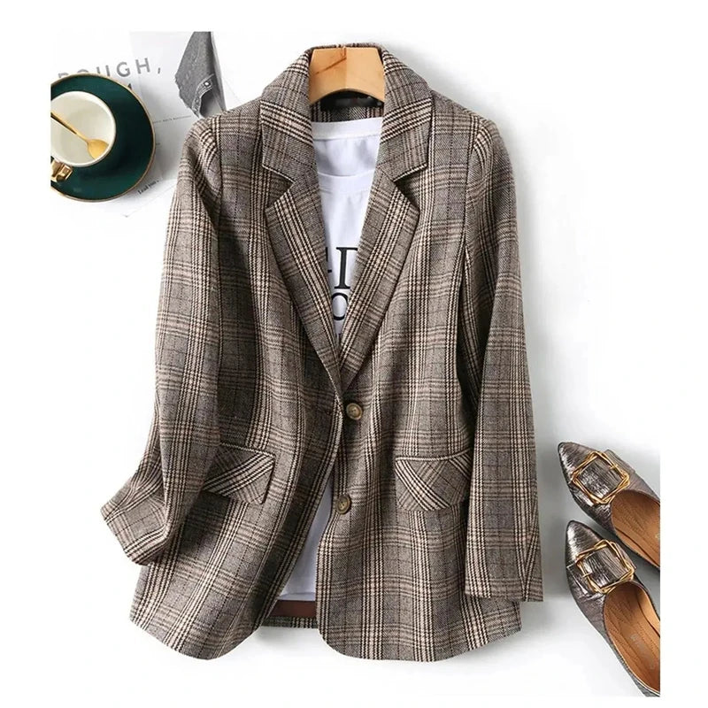 Plaid Blazer Single Breasted Elegant Ladies Coat