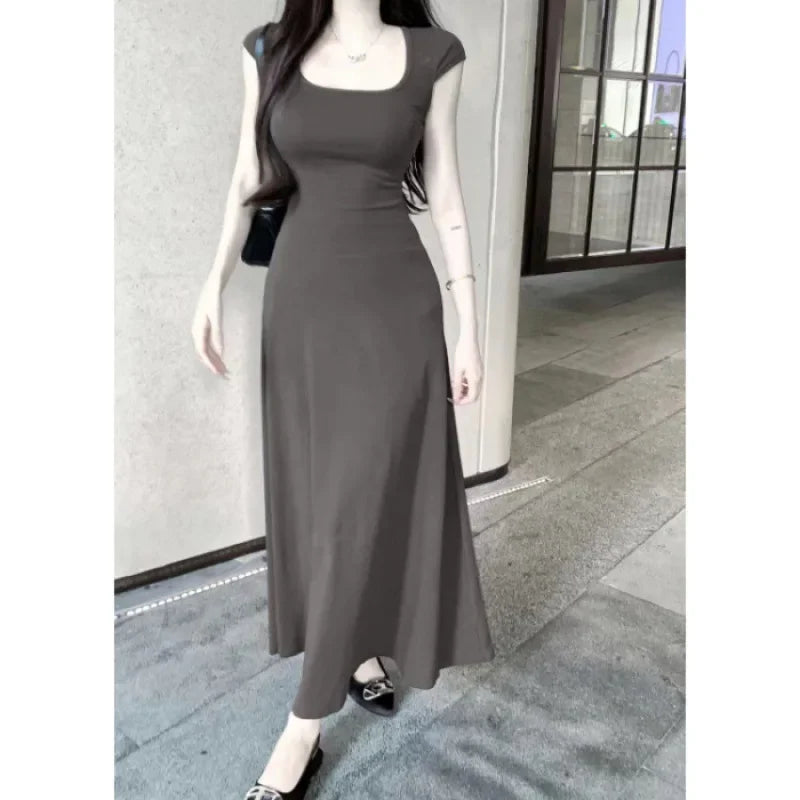 Square Neck Short Sleeves Waist-fitted Long Skirt