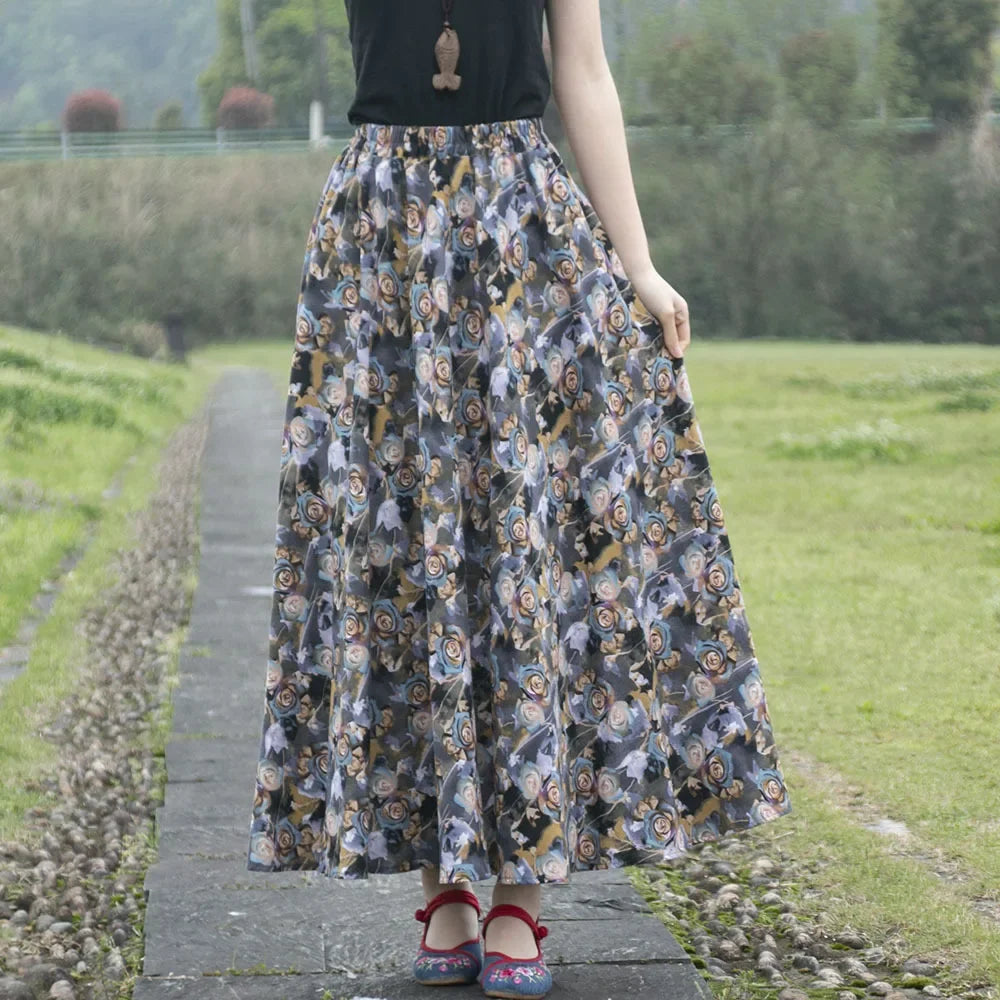 Cotton Linen Print Long Skirt Vintage