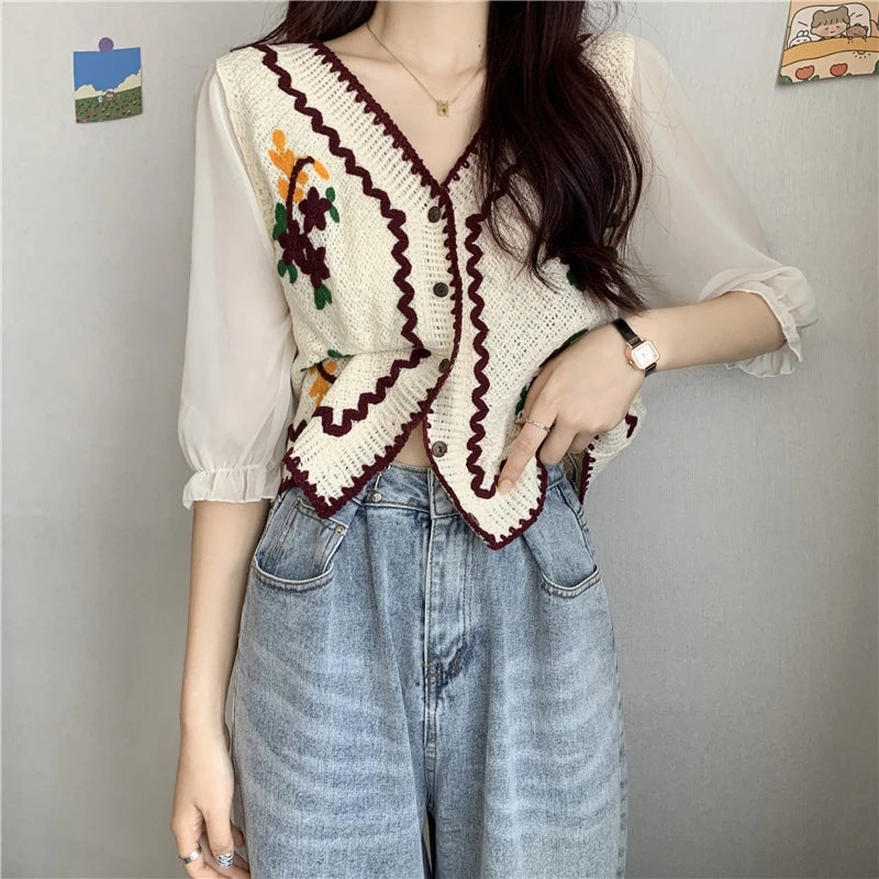 Flower Embroidery Crochet  Chiffon Sleeve  Top