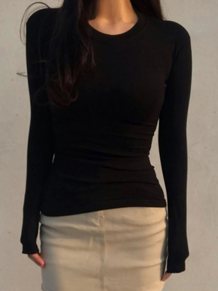 Slim Cotton O-neck Long Sleeve Women T shirt