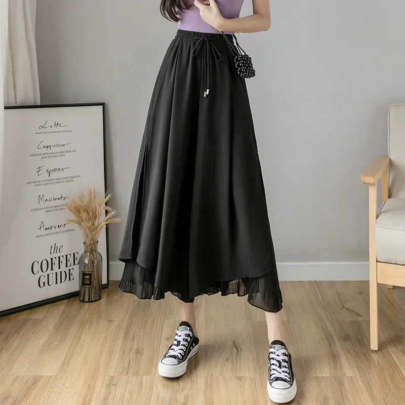 Culottes Hem Double Layers Loose Pleated Pants